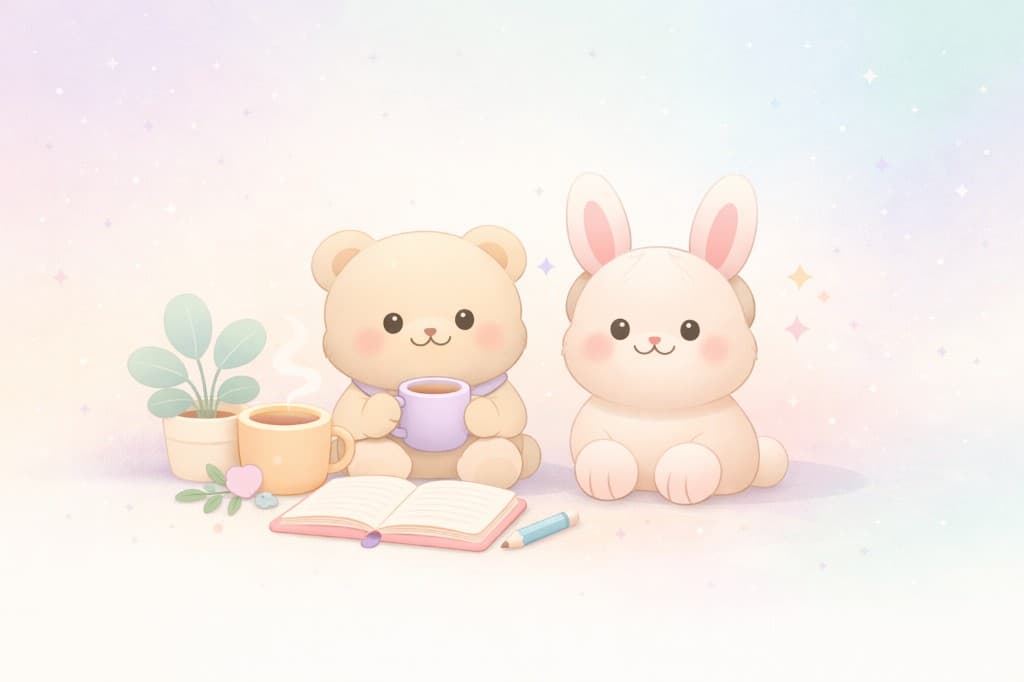 Milo el conejo y Lumi el oso, compañeras de Daily Cozy, con diario y tazas.